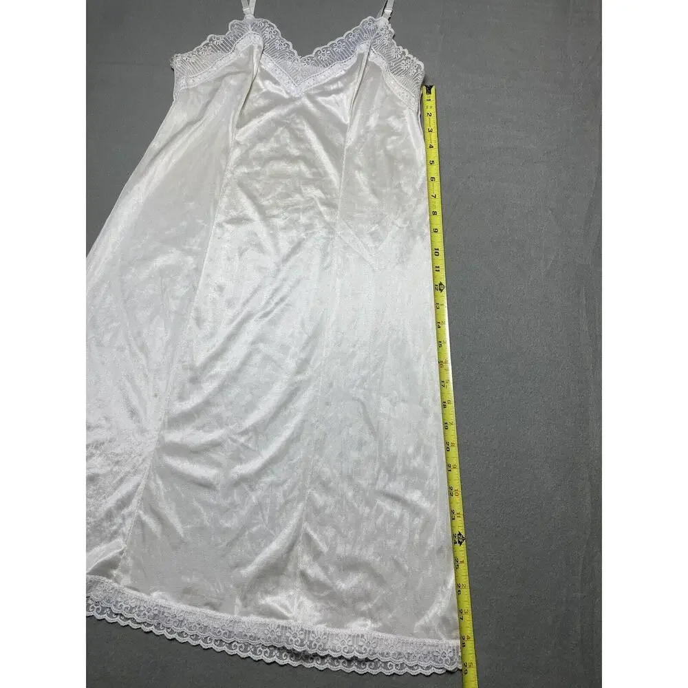 Sears 36 Full Slip Night Dress Vintage Nylon Ivory Lace Adjustable Strap V-neck*